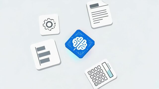 Modern technology icons and tools arranged on a light background illustrating digital workflow and AI concepts.