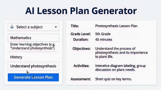 User Interface for an AI Lesson Plan Generator with Subject Options and Objectives.