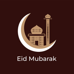 Naklejka premium Eid Mubarak Greeting with Crescent Moon and Mosque
