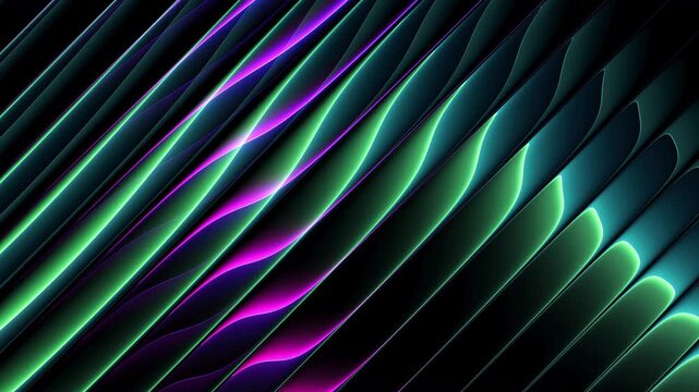Neon waves flowing across diagonal ribbed glass with smooth futuristic glowing gradients. Luminous curves crossing and refracting through ribbed glass for innovation technology ads. Seamless loop. 4K