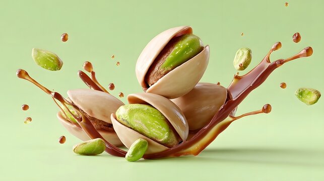 Delicious pistachios cracked open revealing vibrant green kernels with rich caramel sauce splashing and dripping creating an enticing food and snack visual