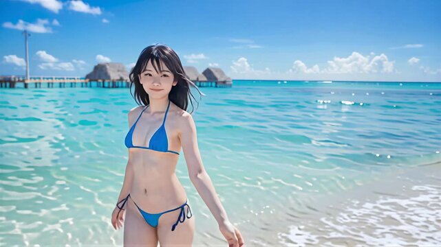 夏空のビーチで遊ぶビキニの水着を着た笑顔の若い女性	
