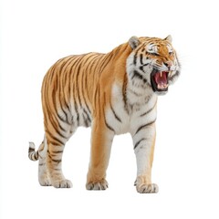 Obraz premium Majestic Tiger Roaring Fiercely in Natural Stance Against White Background