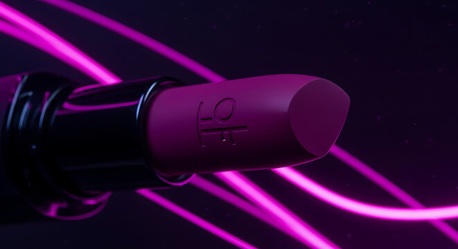 Macro shot of purple lipstick tube against dark background with glowing pink neon light streaks creating dynamic motion and modern aesthetic design