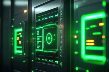 Obraz premium Visualizing advanced data technology in a modern server room with glowing displays