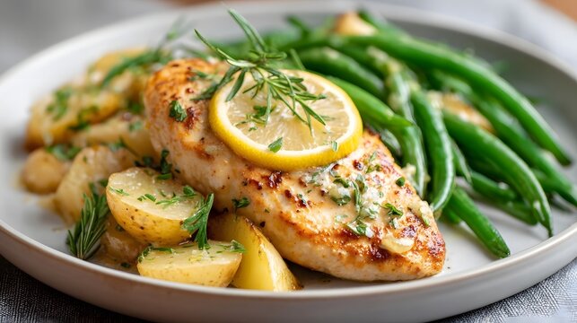 Delicious lemon herb chicken breast seared to perfection served alongside tender roasted potatoes and crisp green beans finished with fresh rosemary and a lemon slice for a vibrant meal