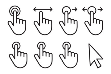 Fototapeta premium Set of vector hand cursor and mouse pointer icons representing tap, swipe, and scroll gestures