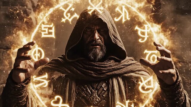 Mystical Wizard Conjuring Energy and Symbols in a Dark Setting.