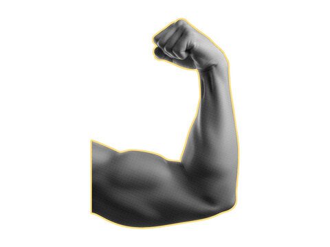 Man flexing biceps halftone collage. Trendy retro halftone collage element on transparent background.