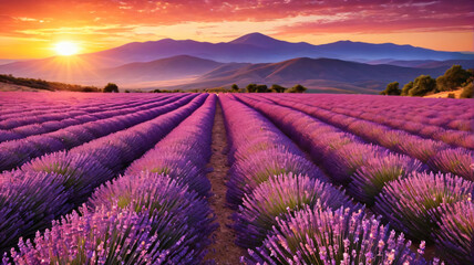 Obraz premium Blühendes Lavendelfeld in der Provence bei Sonnenuntergang