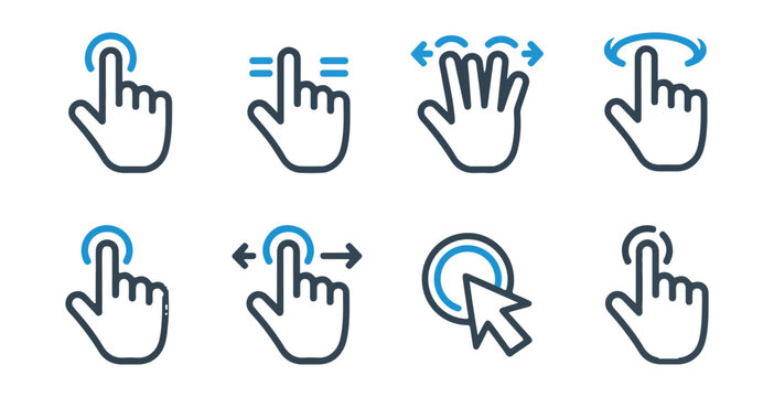 Blue outlined hand gesture icons for touch screen interaction swipe pinch zoom rotate and tap actions