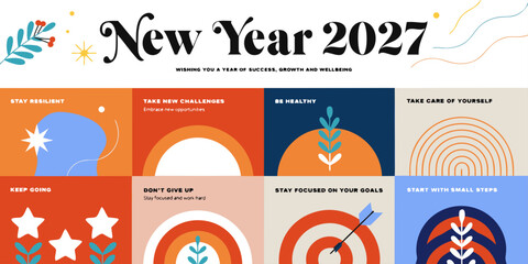 Naklejka premium New Year 2027 Motivational Greeting – Positive Affirmation Cards, Modern Wellness Designs & Inspiring New Year Templates