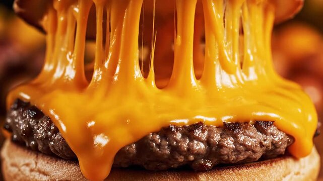 Close-up shot of a juicy, appetizing hamburger with melted, stringy cheddar cheese dripping over the burger, showcasing the deliciousness of fast food in a captivating food photography compo