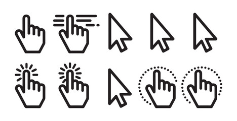 Obraz premium Diverse set of cursor icons including hand pointer and arrow shapes with various click effects