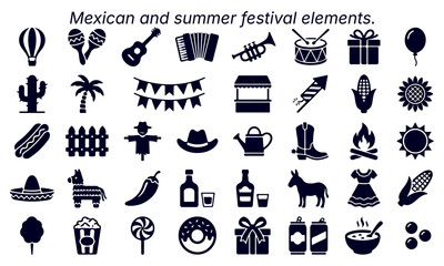 Collection of dark blue icons representing Mexican culture and summer themes © Mithun