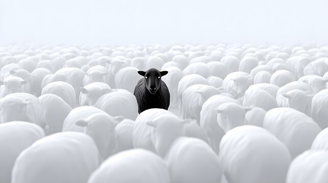 A single black sheep is vividly contrasted against a vast herd of white sheep emphasizing its unique individuality in a diffused misty environment