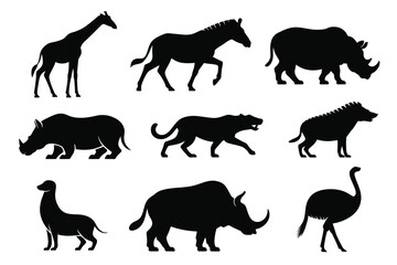 Silhouettes of various animals walking on white background