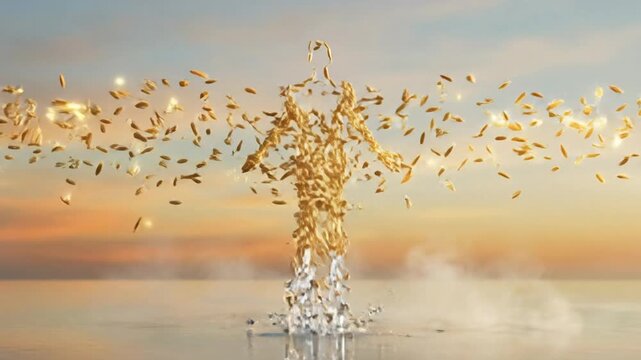 Abstract surreal video of golden rice grains forming a human silhouette in a perpetual cycle of water transmutation and regeneration.