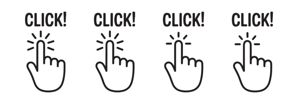 Hand finger pointer icons set with click text for user interaction and interface development on website pages