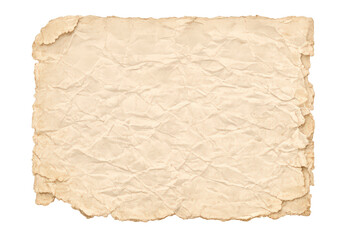 Aged paper sheet representing a blank parchment texture, old crumpled document material with torn edges, transparent background