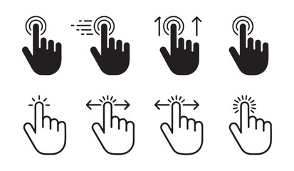 Fototapeta premium Set of hand gesture icons with touch, click, swipe, and drag actions for digital interfaces