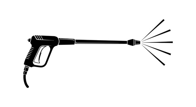 A powerful black silhouette of a pressure washer gun spraying a wide fan of water.