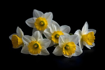 Fototapeta premium Narcissus Beauties. Five Narcissus flowers on a black background.