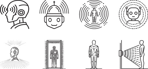 Naklejka premium Artificial Intelligence Humanoid Robot and Biometric Body Scanning Line Art Icons Set