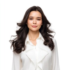 Elegant Portrait of a Confident Woman with Long Hair in a White Blouse Against a Soft Background
