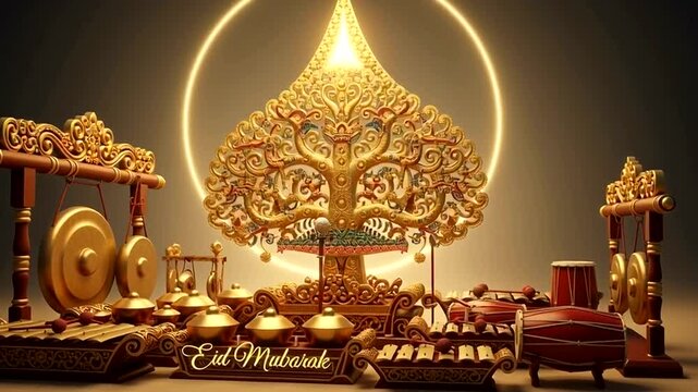 Traditional Gamelan musical instruments ensemble with glowing golden tree and Eid Mubarak greeting.