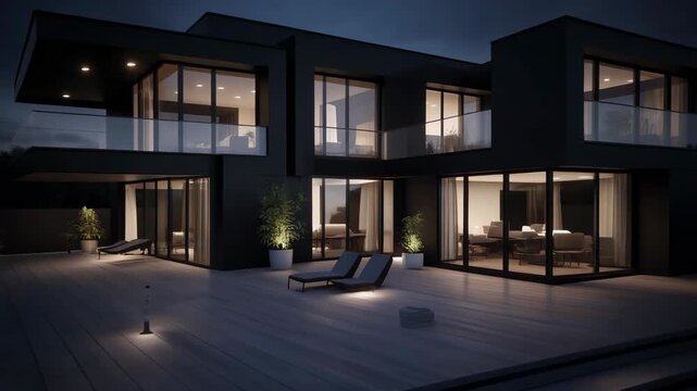 Modern luxury home exterior with deck and loungers at dusk contemporary architecture and design