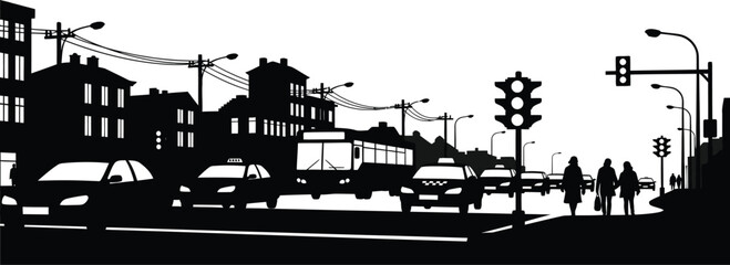 Obraz premium Black and white silhouette of a bustling city street scene