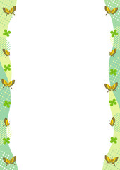 蝶とクローバーと幾何学模様と波の左右の縦型のフレーム_ 緑