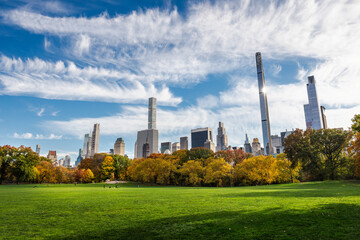 Obraz premium Central Park open lawn with Manhattan skyline and autumn trees under dramatic clouds in New York City USA
