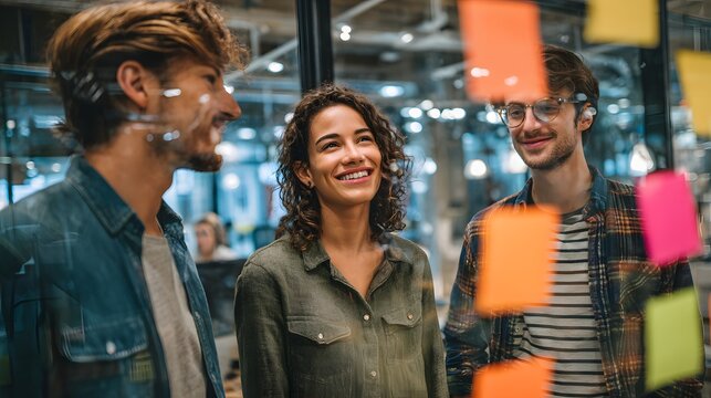 Startup team brainstorming with sticky notes glass wall modern workspace