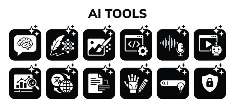 AI Tools vector icons with brain, quill, image editing, coding, audio, video, data analysis, translation