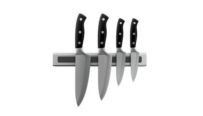 Obraz premium A modern kitchen magnetic knife strip securely holding four sharp, professional chef's knives on a white wall.