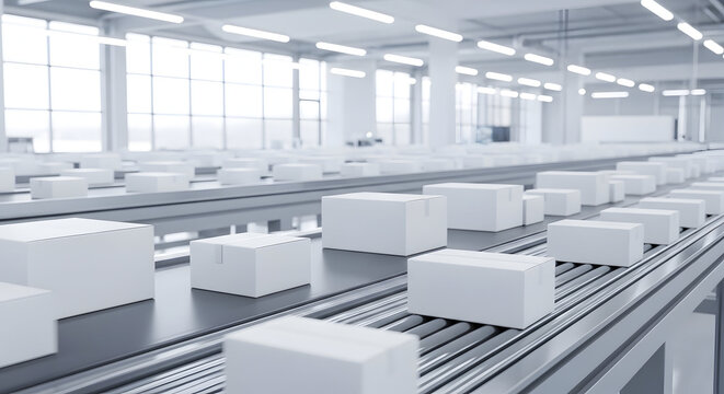 Multiple parallel conveyor belts transporting generic white boxes in a clean, automated factory or warehouse environment