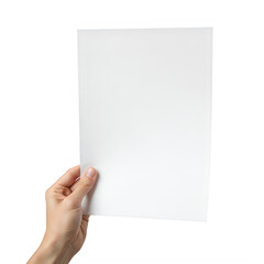 Obraz premium Hand holding a blank white piece of paper against a white background