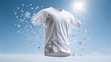 雪の結晶が舞う冷感素材の白いTシャツ・機能性衣類イメージ