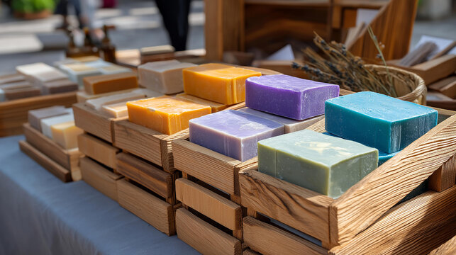 Handmade soaps displayed on wooden crates, outdoor market stall artisan product representation, craft commerce visualization, small business display, with copy space