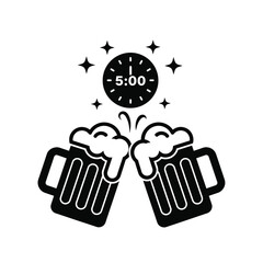Naklejka premium Vector illustration icon two beer mugs with foam clinking together with a clock showing 5 oclock surrounded by stars