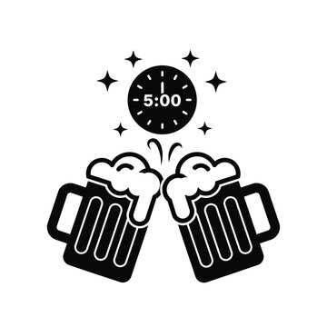Vector illustration icon two beer mugs with foam clinking together with a clock showing 5 oclock surrounded by stars