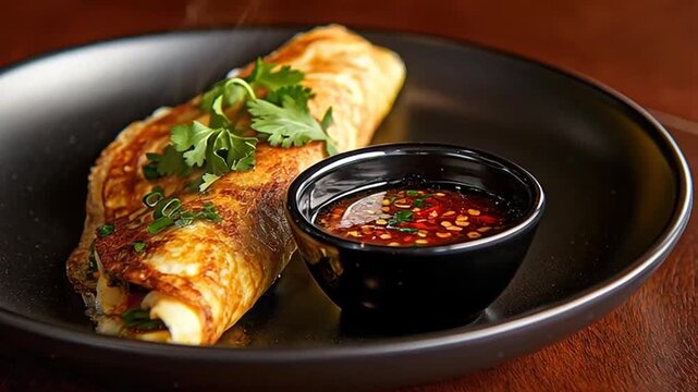 Delicious folded omelet with fresh herbs and spicy sauce