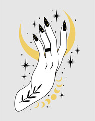 Boho moon and woman hand. Alchemy esoteric magic space. Elegant illustration.