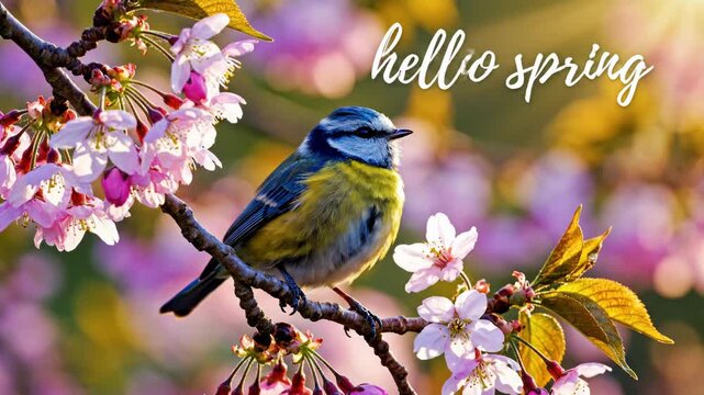 Blue tit bird on cherry blossom branch with hello spring text
