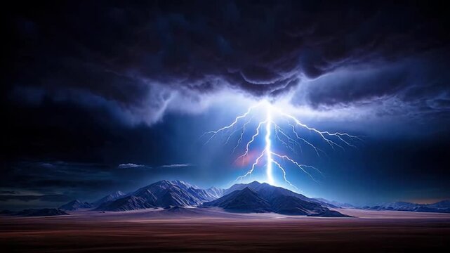 Dramatic lightning storm over mountain range at dusk