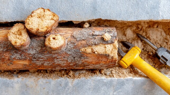 Close-up termite damaged wooden beam with frass and tool debris for home inspection and pest control service brochure or renovation repair announcement