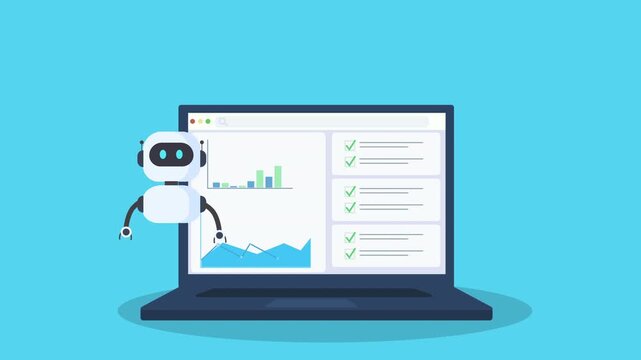 Minimal animation of a robot beside a laptop showing a monitoring dashboard with checklist panels and chart, representing automation, AI workflow, and digital system tracking in a modern workspace.