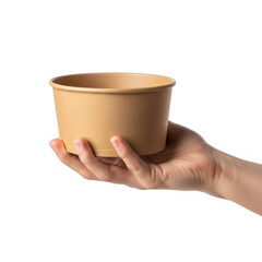 Hand holding empty paper bowl isolated on transparent background